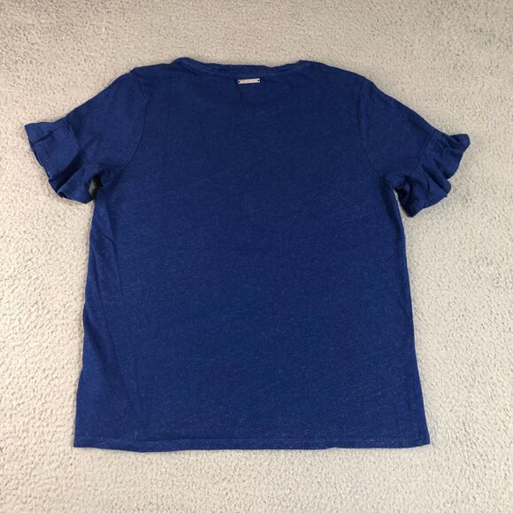 Michael Kors Blouse Womens M Blue Flake Shirt Ruffle Sleeve Preppy Round‎ Neck - Picture 5 of 7